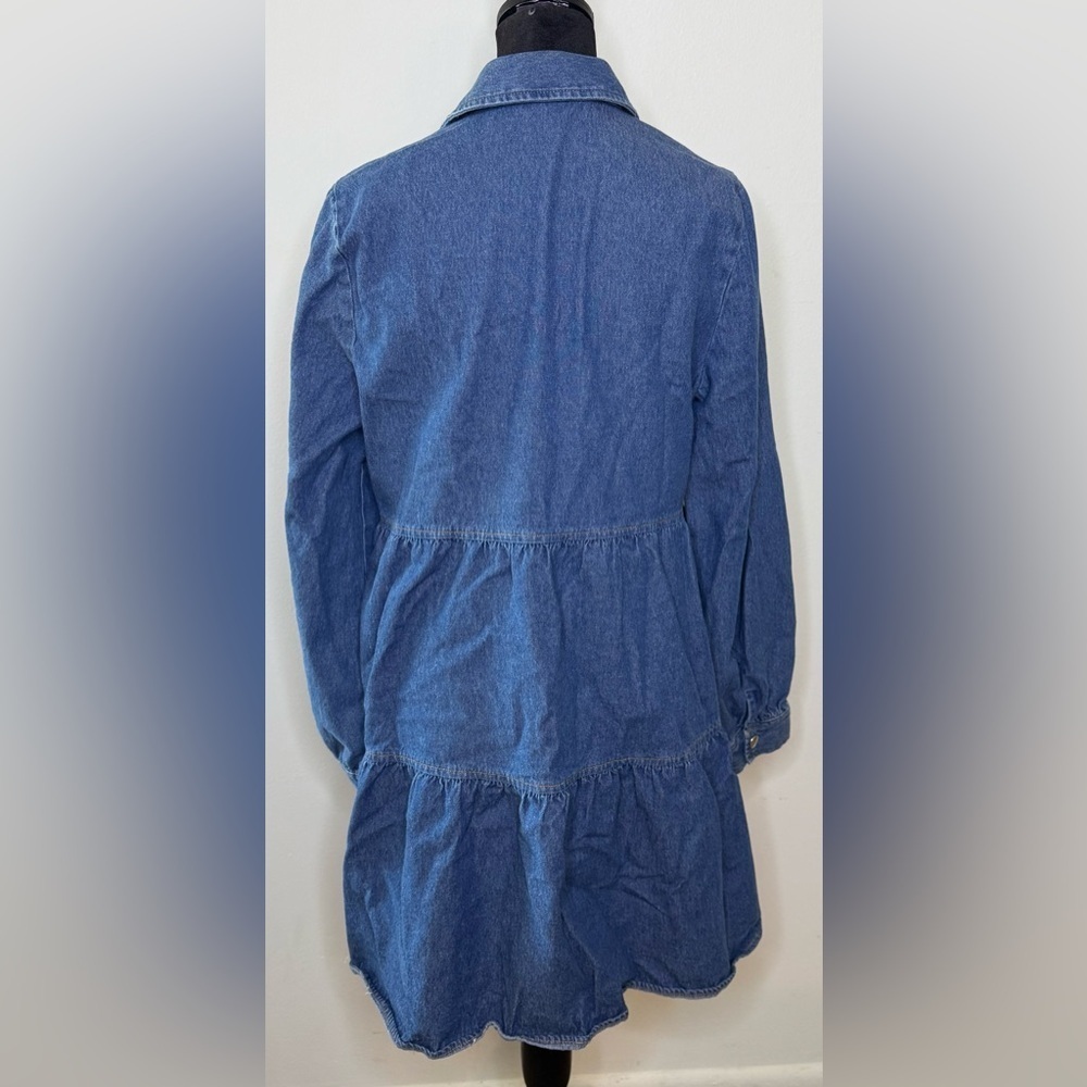 Zara denim long sleeve V neck collar tiered button front dress small EUC - Picture 6 of 8